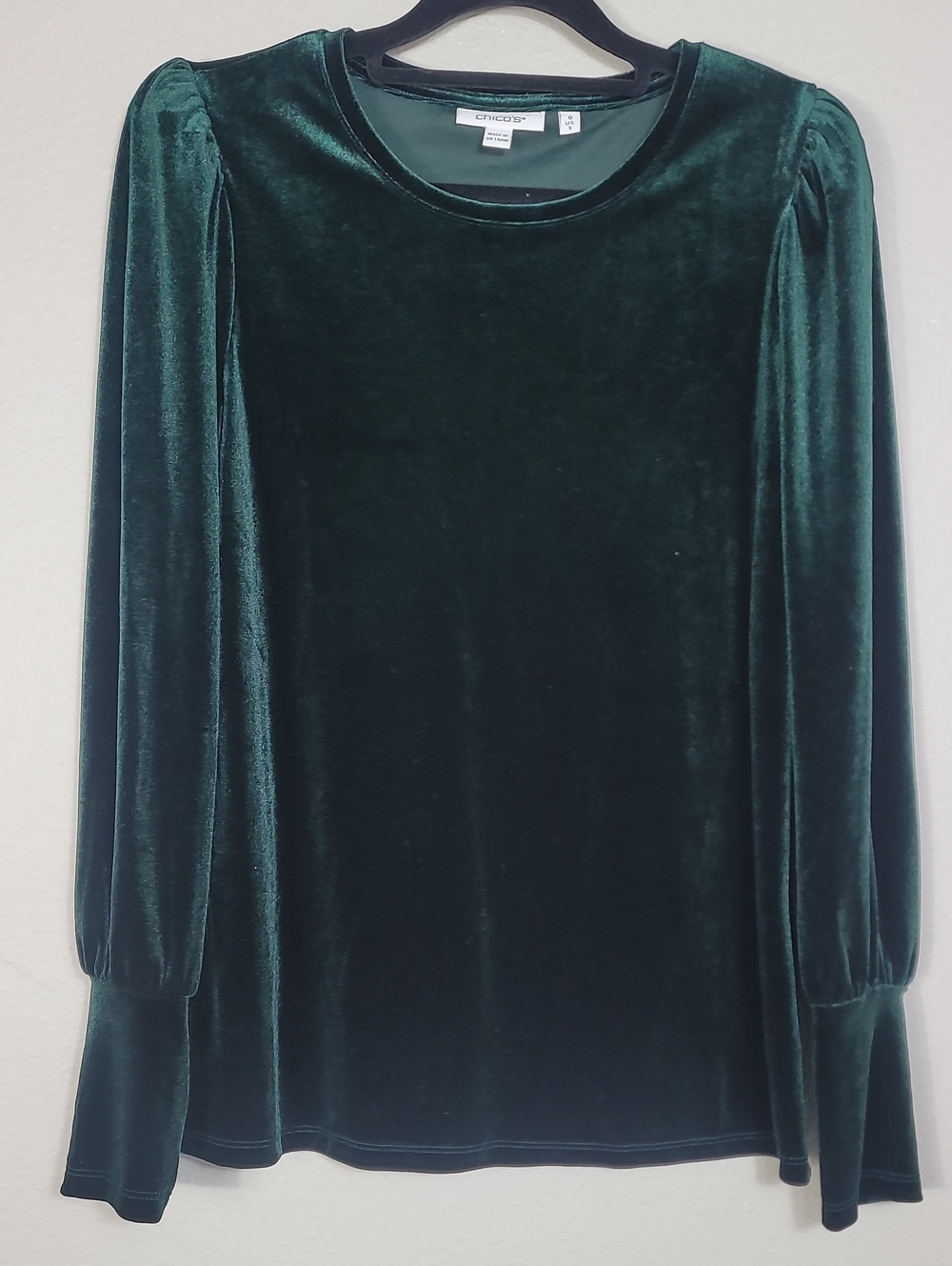 Chicos Puff Sleeve Velvet Top Size 0 / Small Dark Green